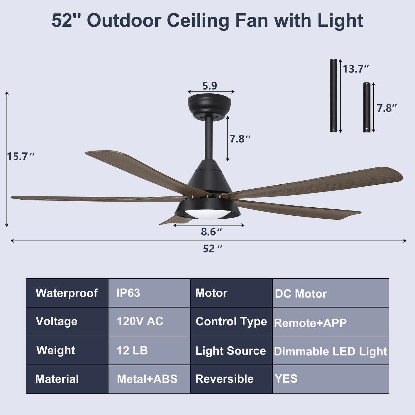 Ohniyou Waterproof Outdoor Ceiling Fan with Light, 52'' Patio-073