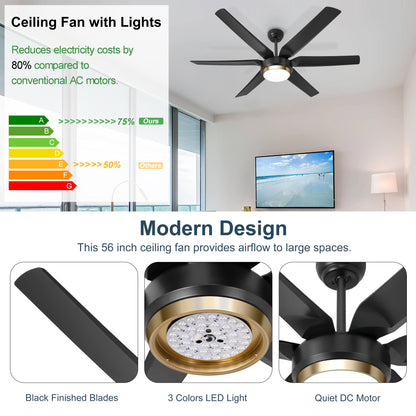 Ohniyou Ceiling Fans with Lights, 56'' Black Ceiling Fan Remote/APP 067-56