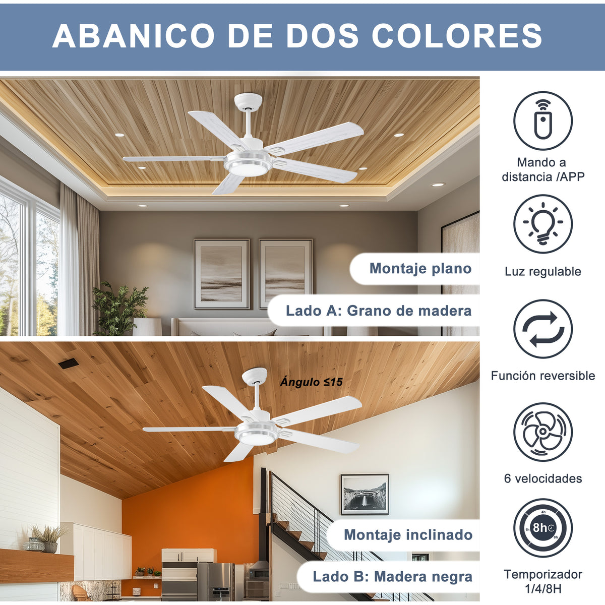 Ohniyou Ventilador de Techo de 52 Pulgadas Con Luz, 132CM, Blanco-085W