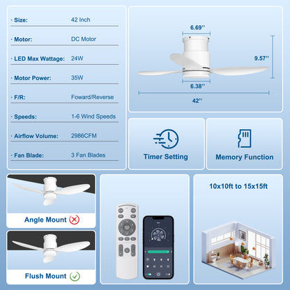 Ohniyou 42'' Flush Mount Ceiling Fans with Lights（White）