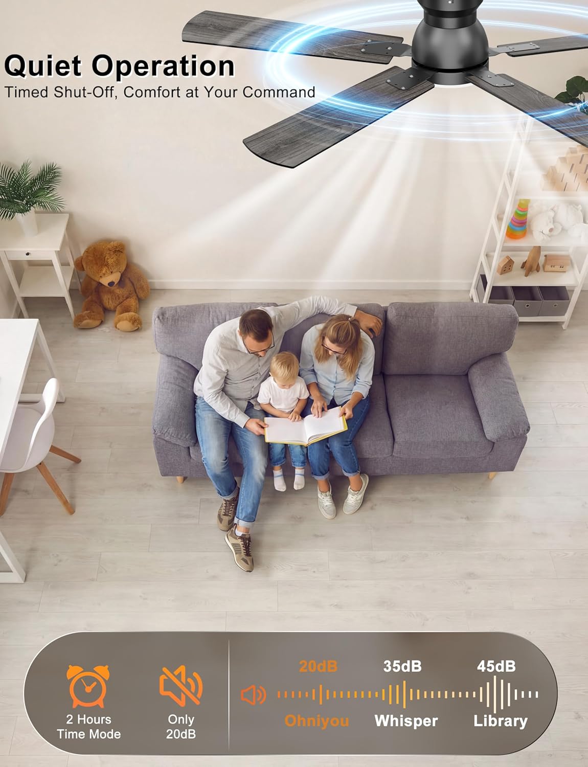 Ohniyou Ceiling Fans with Lights, 52 Inch Low Profile Ceiling Fan with Light and Remote/APP Control, Flush Mount, Dimmable, Qiuet DC Motor, Black Ceiling Fan for Bedroom, Living Room