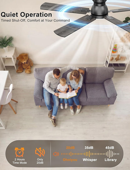 Ohniyou Ceiling Fans with Lights, 52 Inch Low Profile Ceiling Fan with Light and Remote/APP Control, Flush Mount, Dimmable, Qiuet DC Motor, Black Ceiling Fan for Bedroom, Living Room