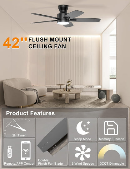 Ohniyou Ceiling Fans with Lights, 42'' Low Profile Ceiling Fan with Light and Remote/APP Control, Modern Flush Mount Ceiling Fan for Indoor Bedroom Kitchen, Dimmable, Qiuet DC Motor, Black