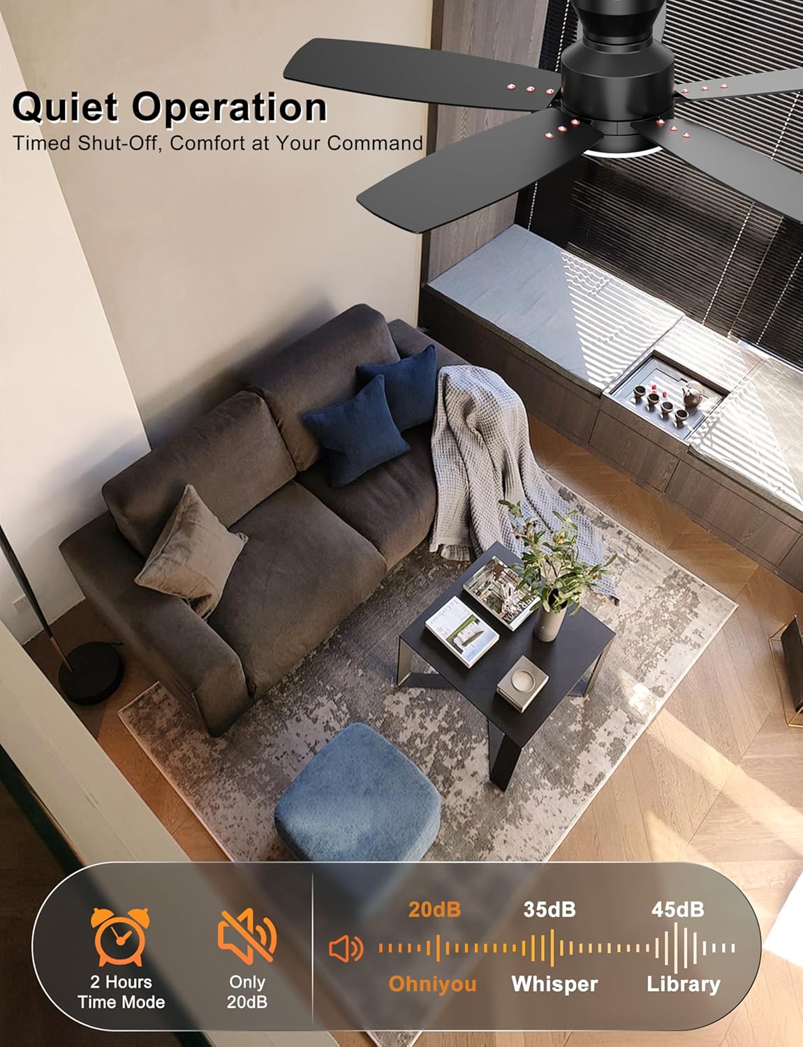 Ohniyou Ceiling Fans with Lights, 42'' Low Profile Ceiling Fan with Light and Remote/APP Control, Modern Flush Mount Ceiling Fan for Indoor Bedroom Kitchen, Dimmable, Qiuet DC Motor, Black