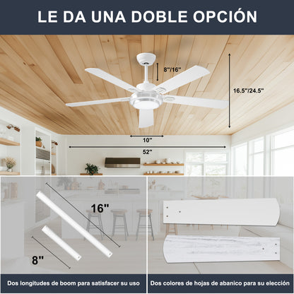 Ohniyou Ventilador de Techo de 52 Pulgadas Con Luz, 132CM, Blanco-085W