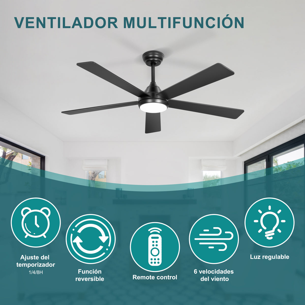 Ohniyou Ventilador de Techo con Luz de 52 Inch/132CM, 6 Velocidades，Negro-086B