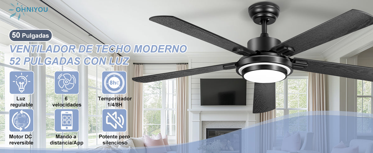 Ohniyou Ventilador de Techo 52" con Luz,132CM,Control Remoto y App, Negro-085