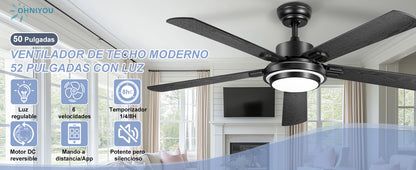 Ohniyou Ventilador de Techo 52" con Luz,132CM,Control Remoto y App, Negro-085