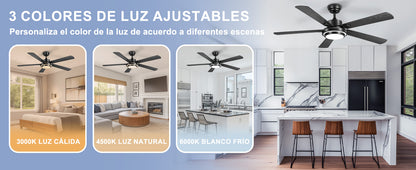 Ohniyou Ventilador de Techo 52" con Luz,132CM,Control Remoto y App, Negro-085