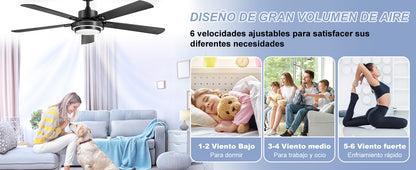 Ohniyou Ventilador de Techo 52" con Luz,132CM,Control Remoto y App, Negro-085