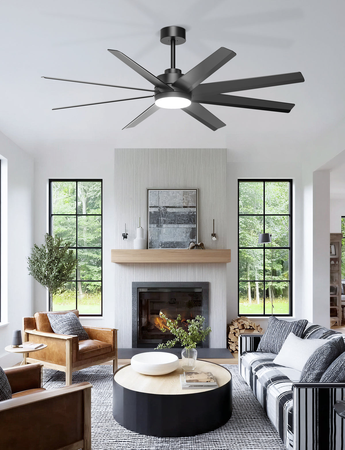 Ohniyou 60" Black Ceiling Fan with Light for Patio, Porch, Living Room-070